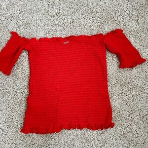 Guess Red Off-Shoulder Smocked Crop Top